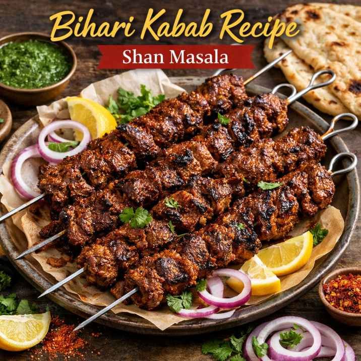 Bihari Kabab Recipe Shan Masala 4 Juicy Bihari kabab made with Shan Masala served with onions and lemon
