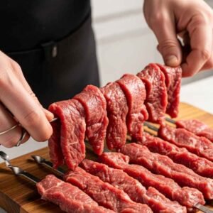 Bihari Kabab Recipe Shan Masala 8 Threading marinated beef onto skewers for Bihari kabab