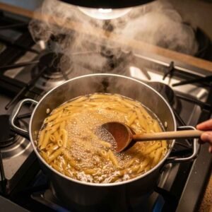 Boil penne pasta in salted water