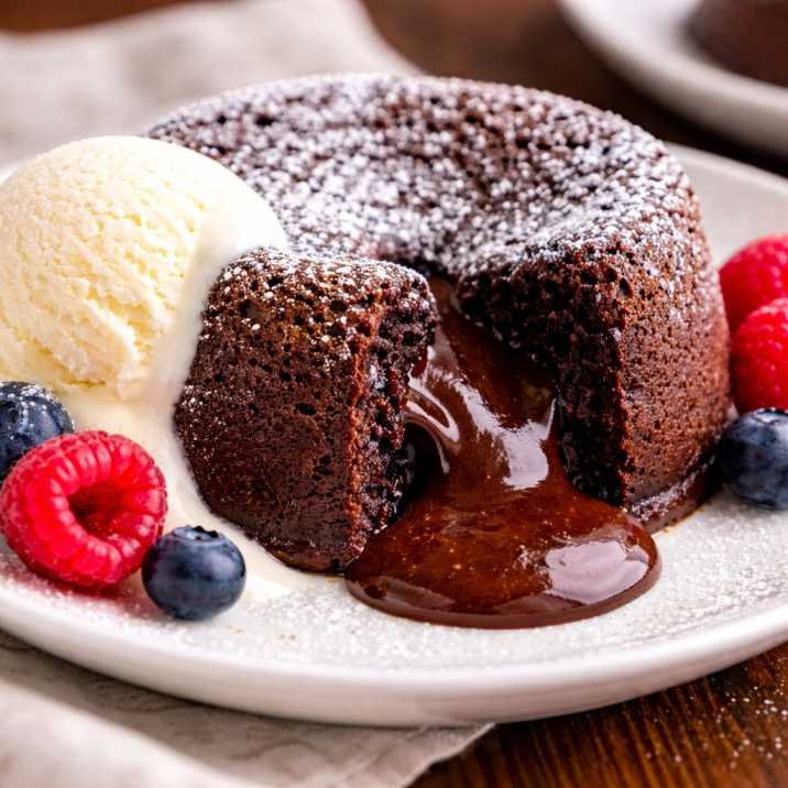 British molten chocolate fudge cake with gooey chocolate center served with vanilla ice cream and berries