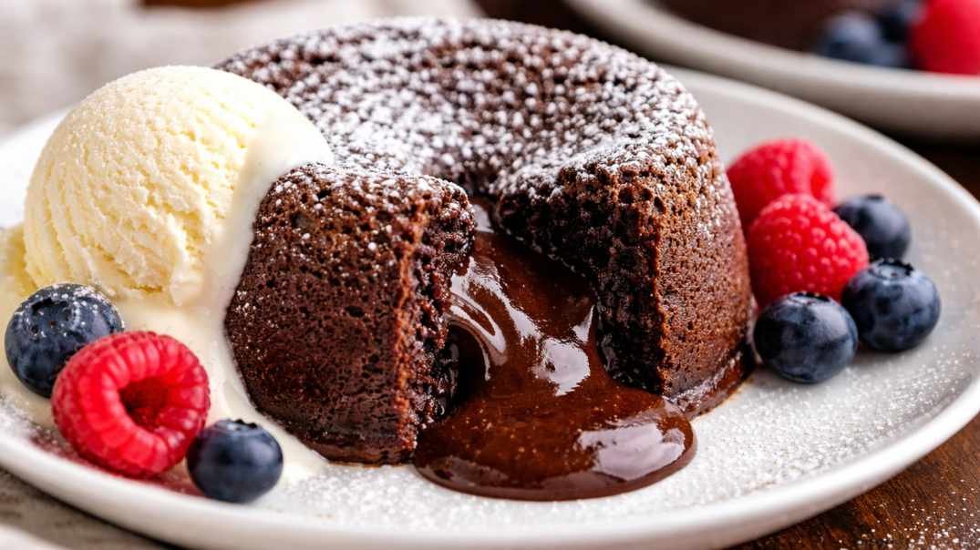 British molten chocolate fudge cake with gooey chocolate center served with vanilla ice cream and berries.