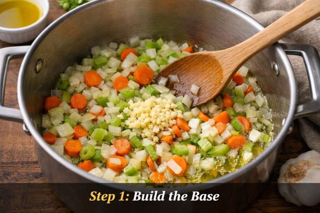 Cooking onion, carrot, celery, and garlic in olive oil to build the base of chicken potato avgolemono soup