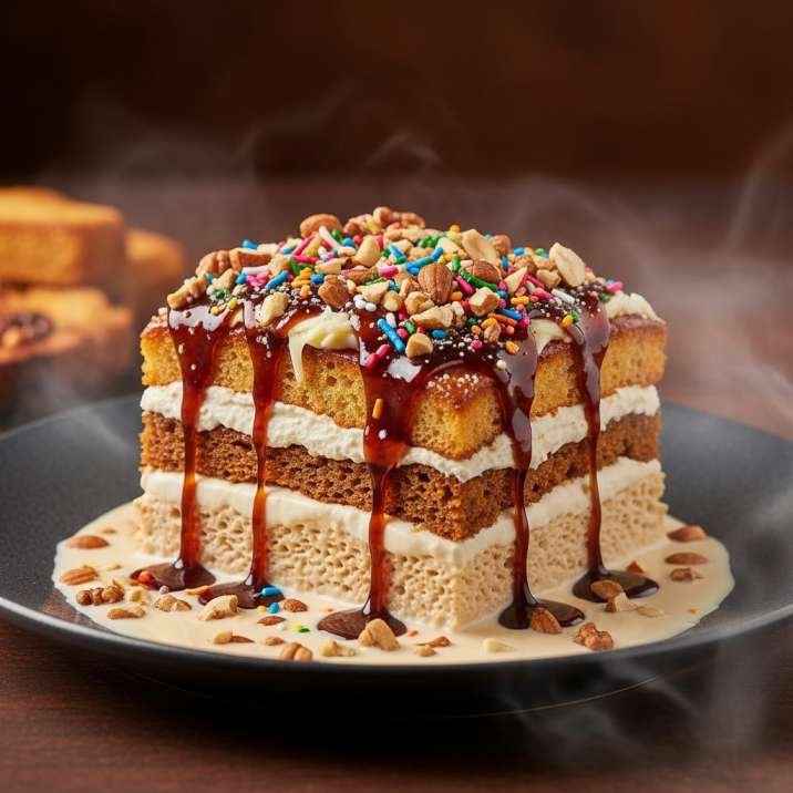 Capirotada Mexican bread pudding with layered bread, creamy custard, nuts, colorful sprinkles, and syrup drizzle