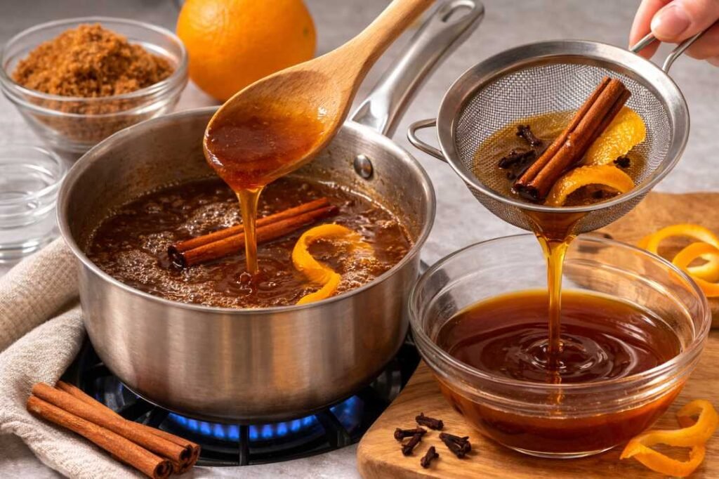 cinnamon brown sugar syrup simmering for capirotada