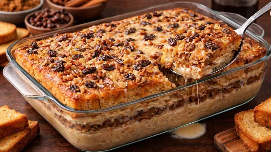 capirotada tres leches Mexican bread pudding baked with raisins, nuts, and creamy milk sauce