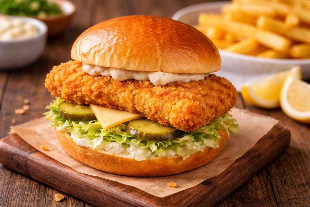 Easy Carl’s Jr Fish Sandwich Recipe 1 Crispy Carl’s Jr fish sandwich with golden fried fish fillet, cheese, lettuce, pickles and tartar sauce on a toasted bun