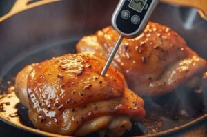 Checking chicken temperature for safe cooking