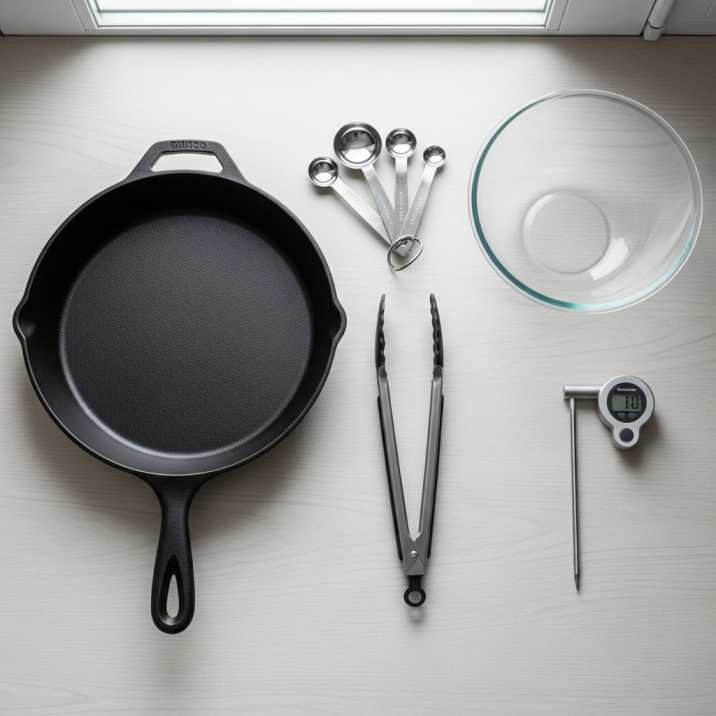 Kitchen equipment for cherry blossom chicken recipe including skillet bowl and thermometer