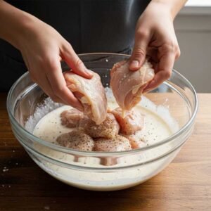 Los Pollos Hermanos Fried Chicken Recipe 10 Chicken soaking in a buttermilk marinade with salt and pepper