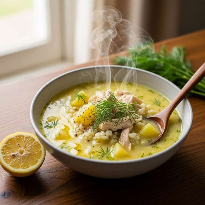 Chicken potato avgolemono soup recipe with lemon and tender chicken