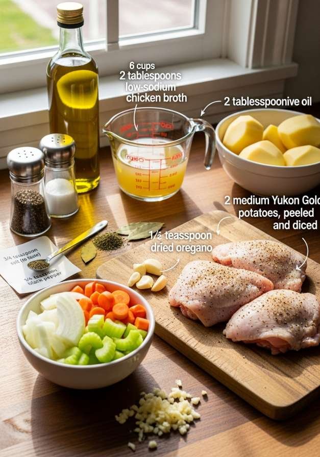 Raw chicken, diced potatoes, carrots, celery, garlic, olive oil and chicken broth arranged on a kitchen counter for soup preparation.