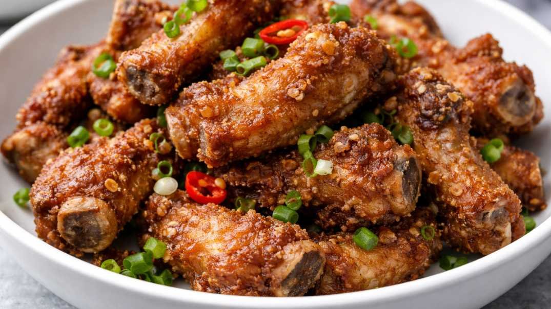 Crispy Chinese fried pork spare ribs with garlic and pepper