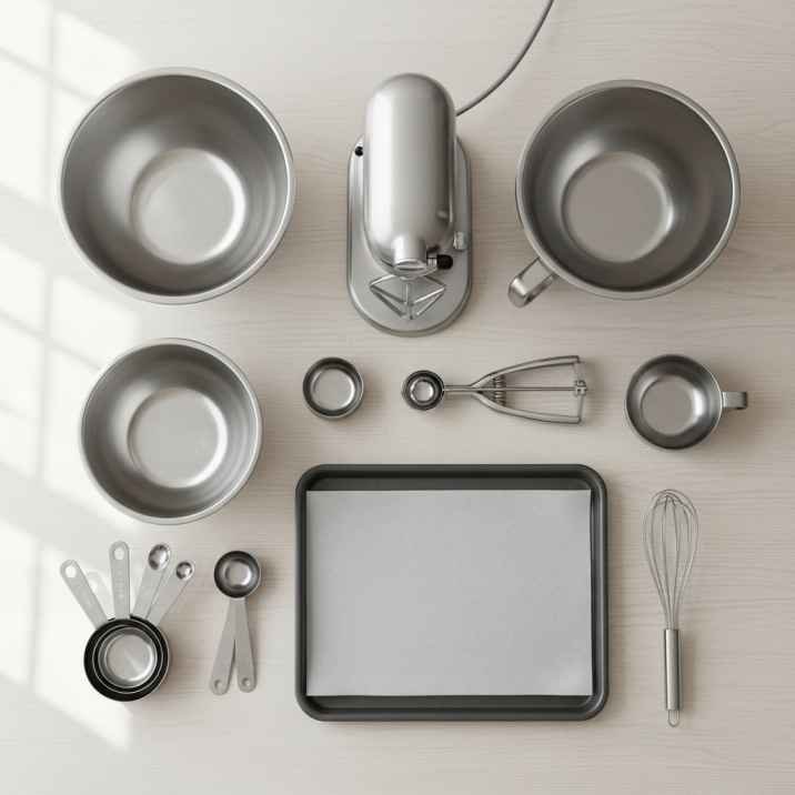 Churro Cheesecake Cookies Recipe 5 baking equipment for churro cheesecake cookies including mixer bowls tray and cookie scoop