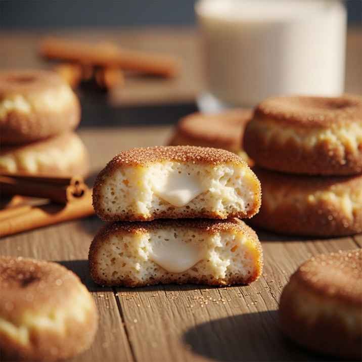 Churro Cheesecake Cookies Recipe 6 churro cheesecake cookies with creamy filling inside, broken cookie view