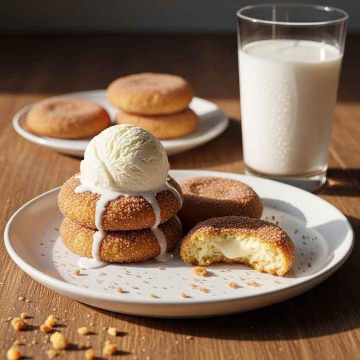 Churro Cheesecake Cookies Recipe 8 churro cheesecake cookies served with ice cream and milk on plate