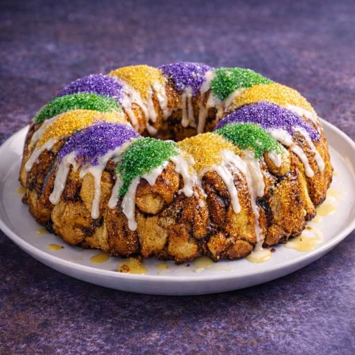 Cinnamon roll king cake in a Bundt pan with Mardi Gras sugar topping
