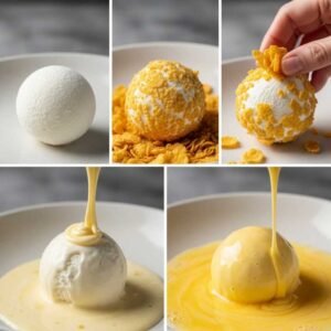 Coating ice cream balls with cornflakes and egg mixture