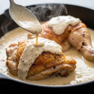 Cheap Dinner Ideas for 2 (That Don’t Feel Cheap at All) 17 chicken cooking in creamy garlic sauce in skillet