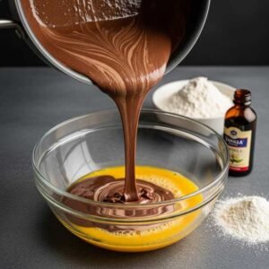 Combining the chocolate mixture with eggs to make molten chocolate fudge cake batter
