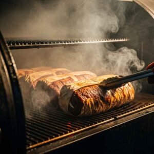 Cooking wrapped dino ribs in smoker until tender
