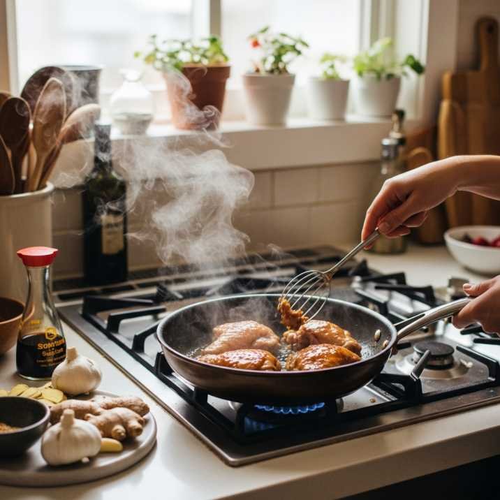 Cooking Japanese cherry blossom chicken in a home kitchen