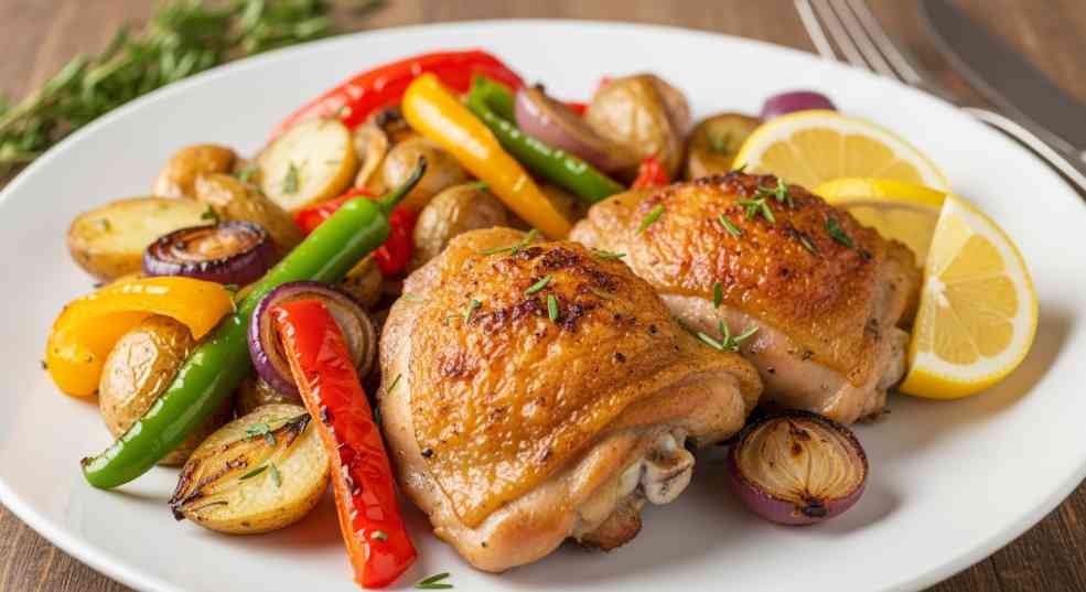 Cook's country Greek chicken recipe with crispy roasted skin, lemon garlic flavor and vegetables served on a plate