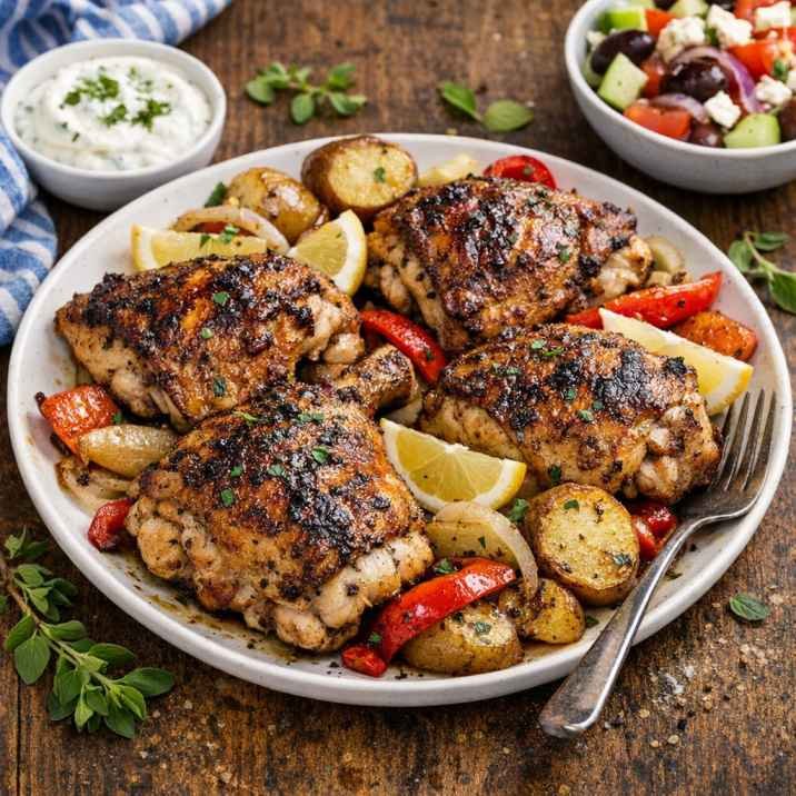 Cook’s Country Greek chicken recipe with crispy roasted skin, lemon garlic flavor and herbs served on a plate