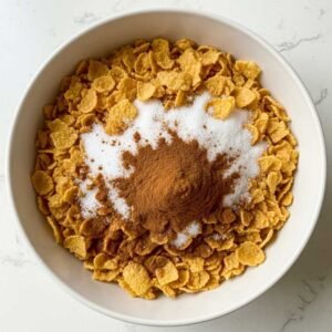 Cornflakes, sugar, and cinnamon mixture for fried ice cream coating