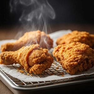 crispy country fried chicken draining on a rack