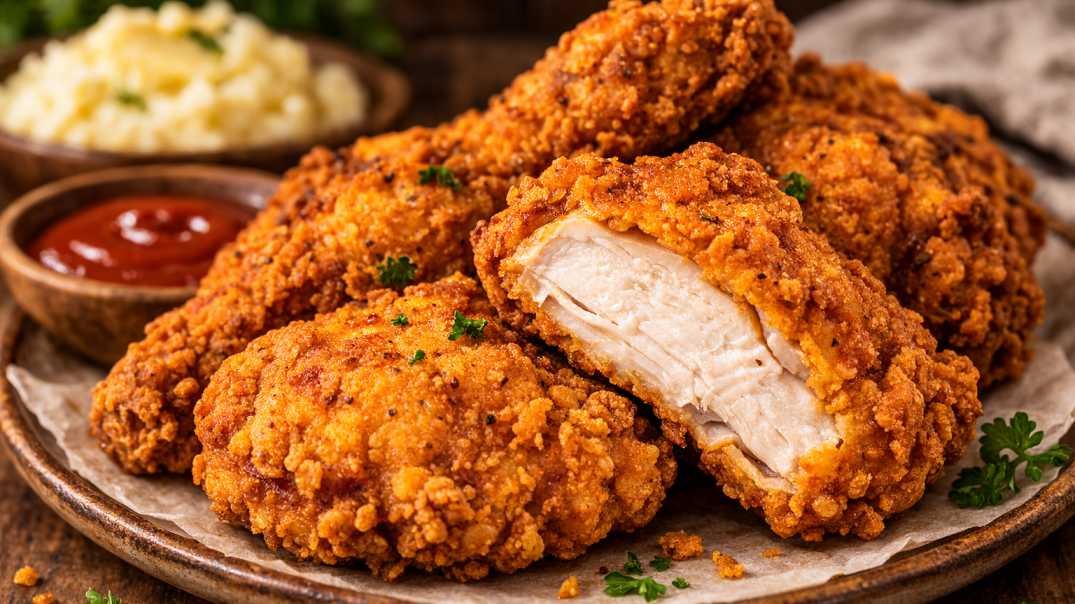 crispy country fried chicken without buttermilk on a plate