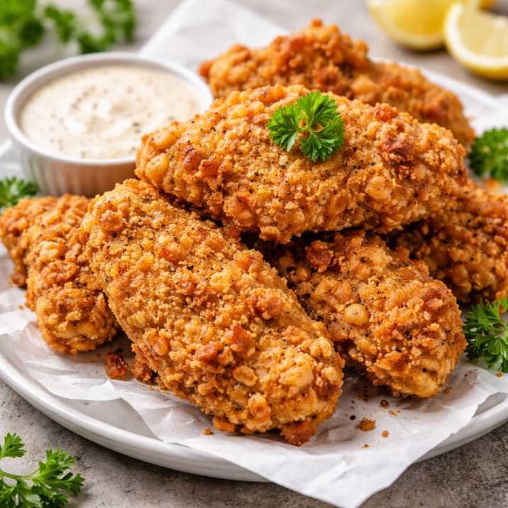 Crispy country-fried chicken without buttermilk served on a plate with a golden, crunchy coating