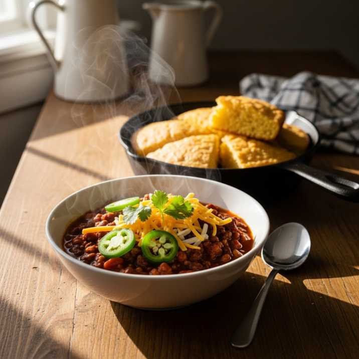 cozy Texas chili bowl with toppings