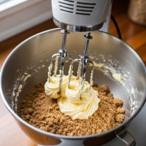 creaming butter and brown sugar for sticky toffee pudding batter