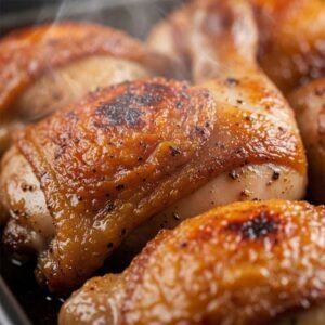 crispy golden skin on broiled Greek chicken thighs after roasting