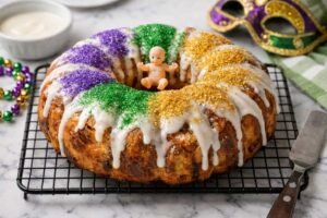 decorated cinnamon roll king cake mardi gras.jpg