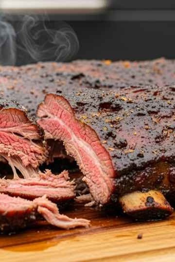 Juicy smoked dino ribs with bark and smoke ring, close up