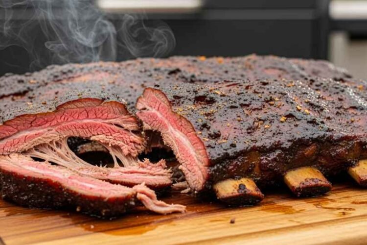 Juicy smoked dino ribs with bark and smoke ring, close up