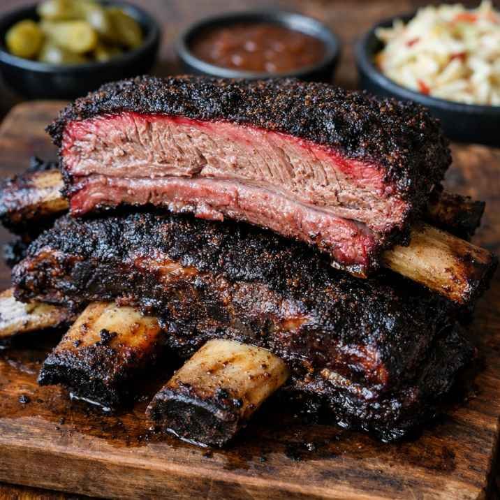 Juicy smoked dino ribs with bark and a smoke ring on a wooden board