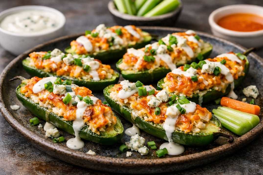 Double-stuffed buffalo chicken jalapeno poppers with ranch and blue cheese