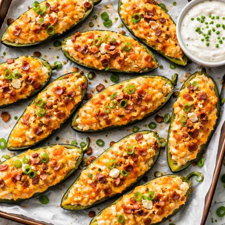 Double stuffed buffalo chicken jalapeno poppers baked with cheese and bacon bits