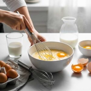 Whisking egg and milk mixture for fried chicken coating