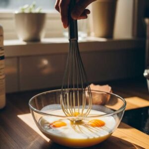An egg and milk mixture is being whisked for coating fried ice cream