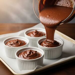 Filling ramekins with chocolate batter for British molten chocolate fudge cake