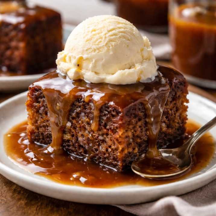 Gordon Ramsay sticky toffee pudding with toffee sauce and vanilla ice cream