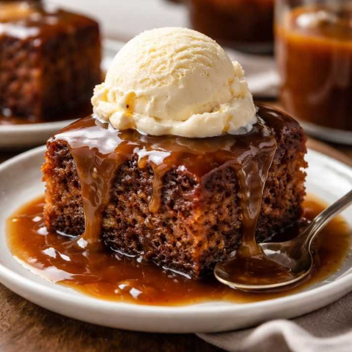 Gordon Ramsay sticky toffee pudding with warm toffee sauce and vanilla ice cream