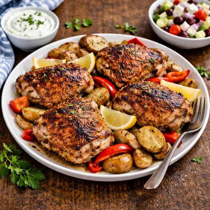 homemade cook's country Greek chicken recipe served with roasted vegetables and lemon wedges