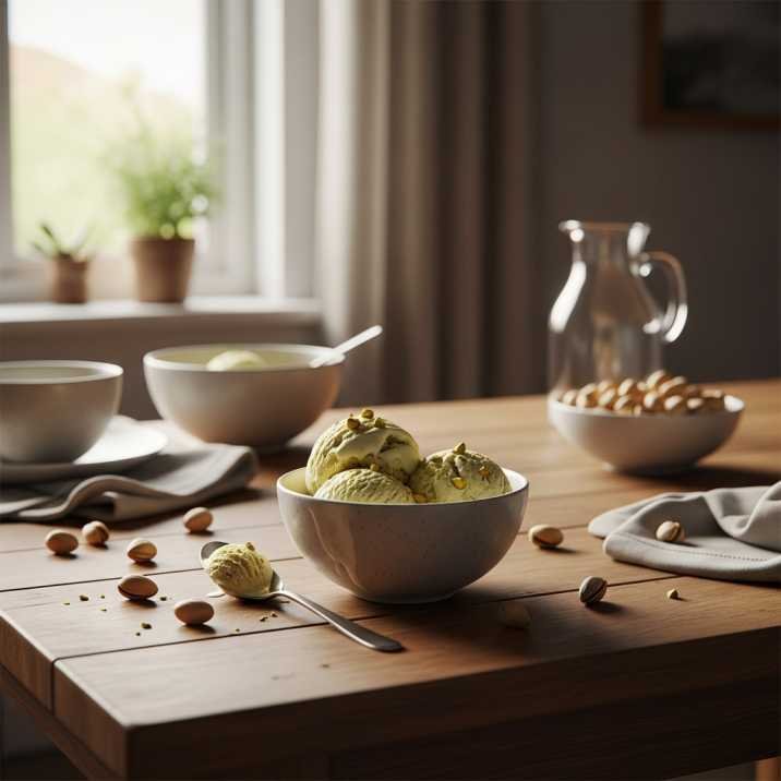 3-Ingredient Pistachio Ice Cream (Ultra Creamy) 14 homemade pistachio ice cream in cozy kitchen