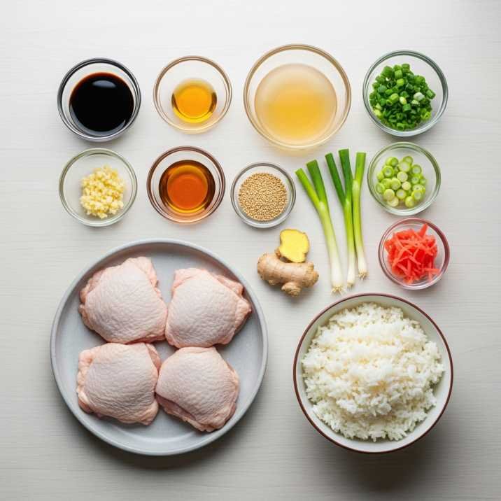 All ingredients for the Japanese cherry blossom chicken recipe are arranged on table