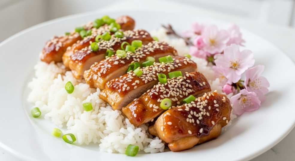 Japanese cherry blossom chicken recipe with soy ginger glaze served over rice.
