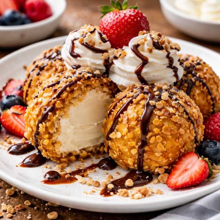 Japanese fried ice cream dessert with crispy coating, chocolate drizzle, whipped cream and fresh berries